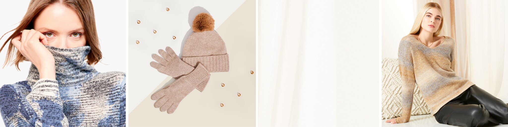 Multiple outfit ideas. A blue turtleneck sweater. Tan hat and glove set. A multi colored sweater and faux leather pants.